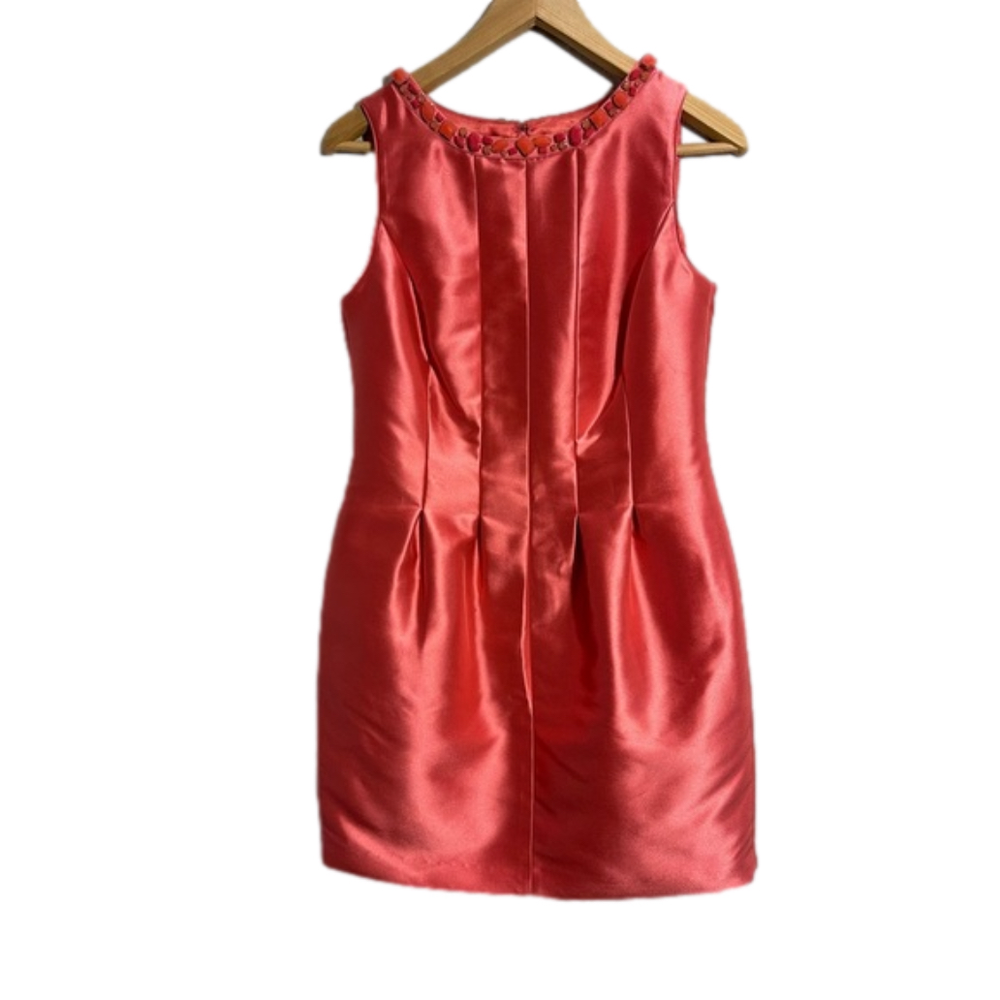 COAST coral hot pink, beaded collar sleeveless dress w/box pleat waist. Size 6